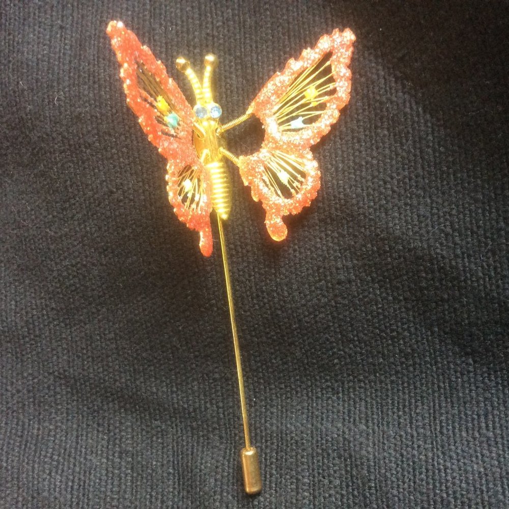 Vintage Fluttering Butterfly Trembler Glitter Rhinestone Stick Lapel Pin Brooch
